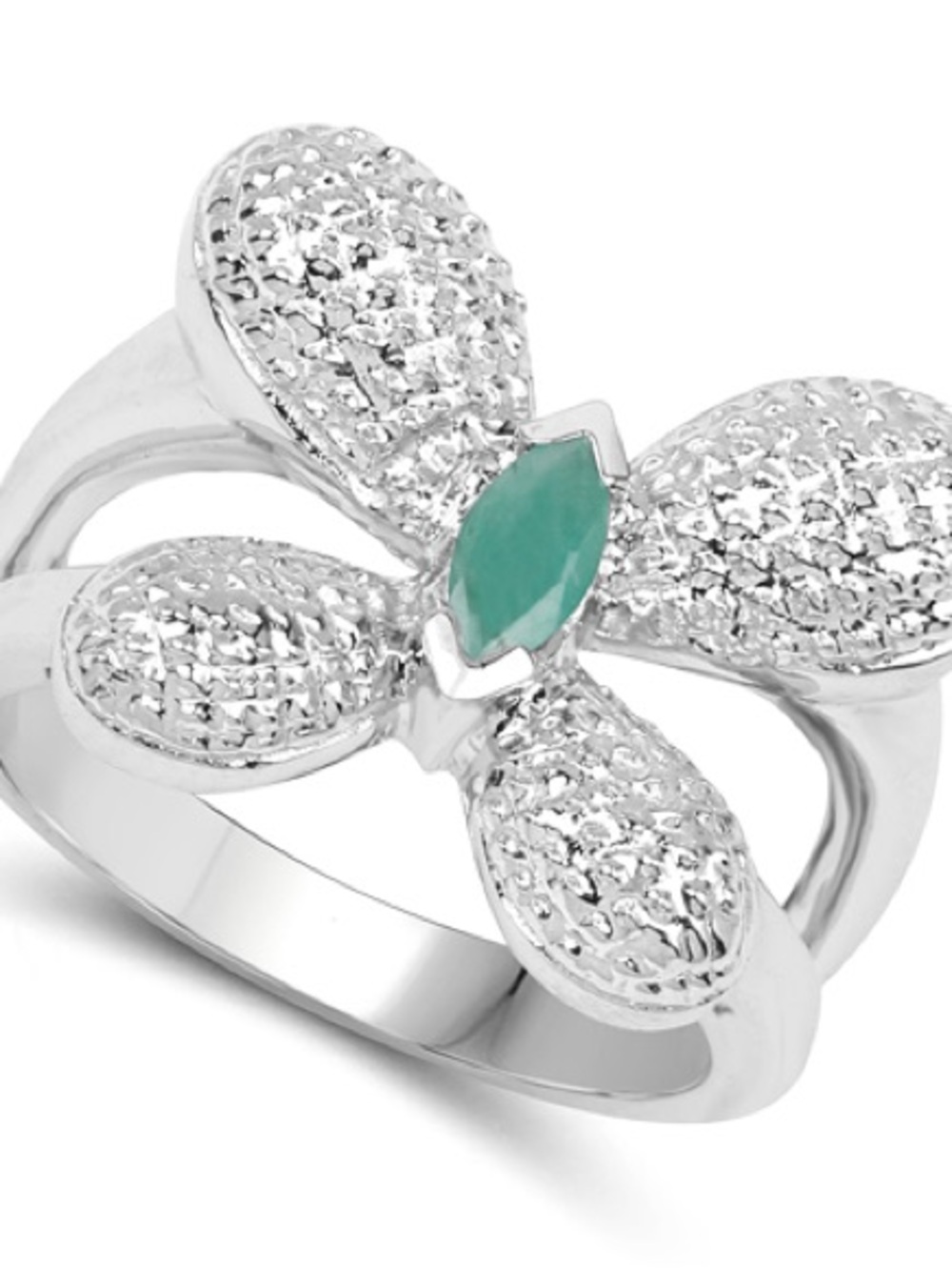 Silver Floral Ring with Green Marquise Stone